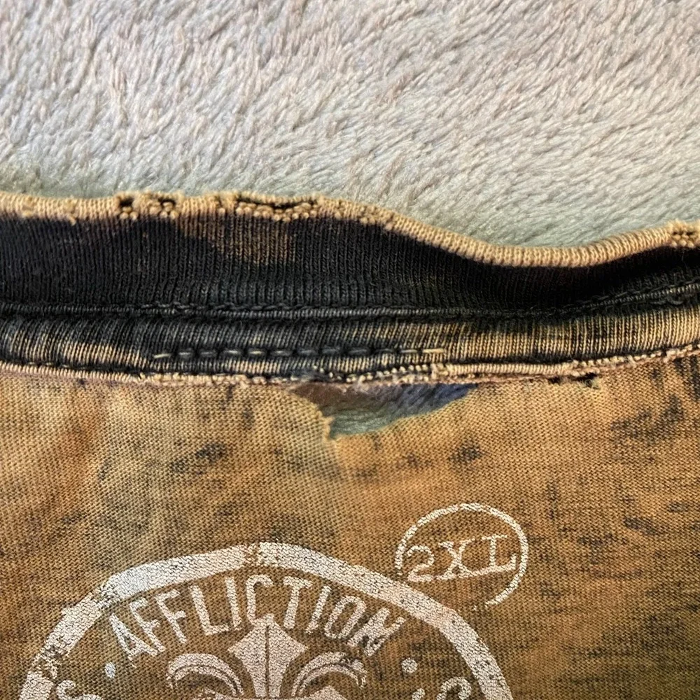 Affliction 2XL Long Sleeve Henley Black Brown Distressed Graphic Shirt